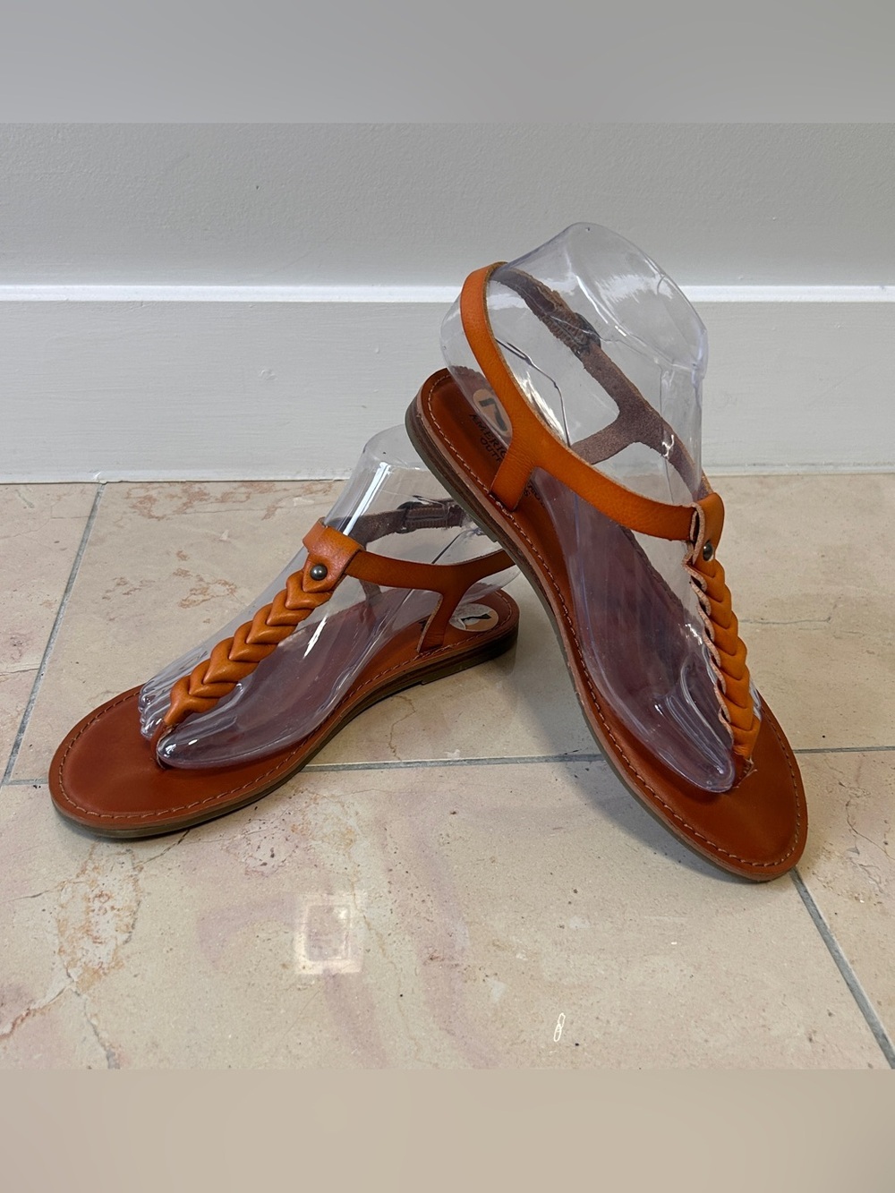 American Eagle Outfitters Tan-Orange Braided T-Strap Sandals  Vegan